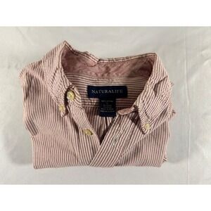 Naturalife Mens Red White Striped Cotton Button Down Shirt Large Long Sleeve